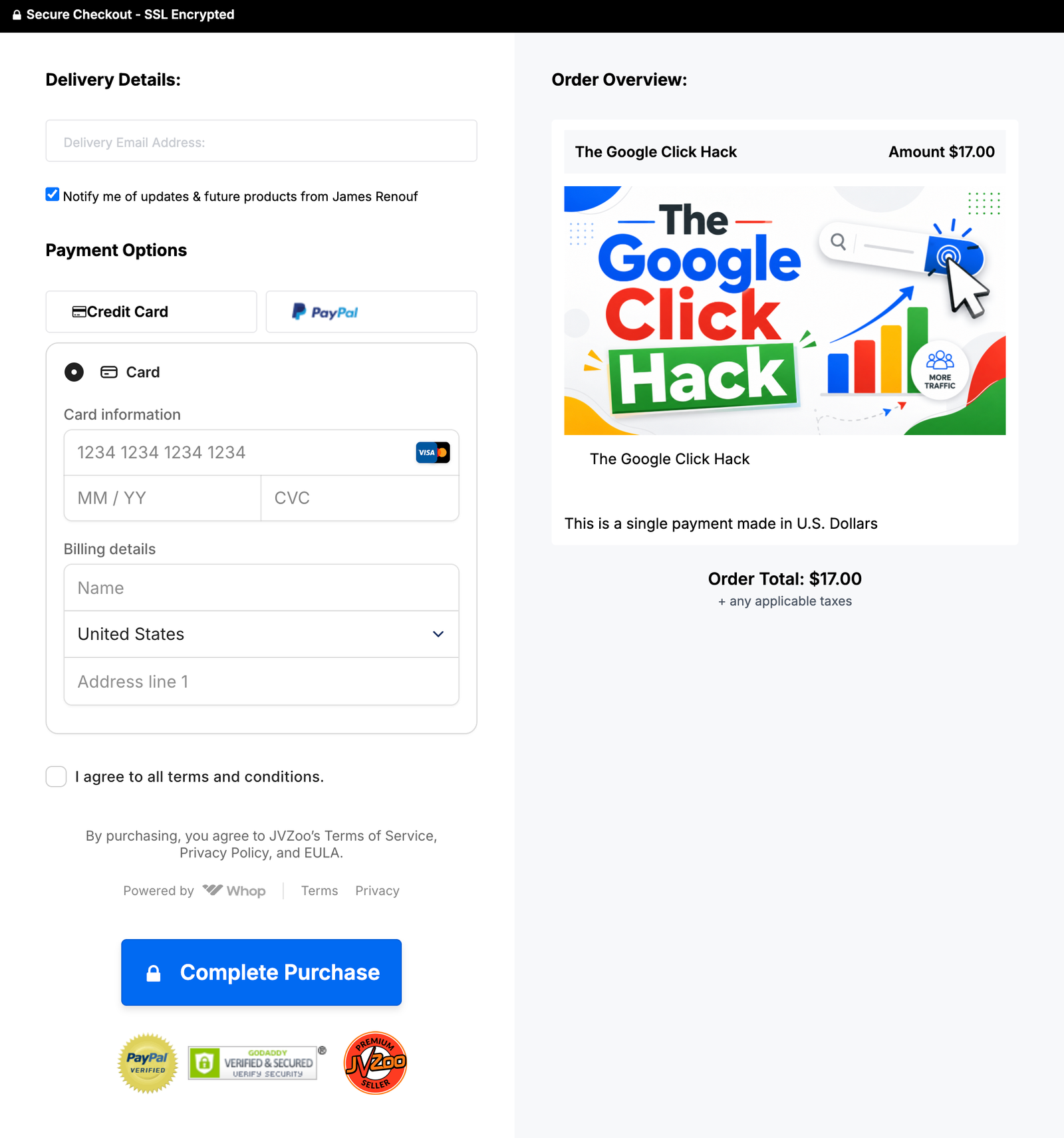 Secure checkout page screenshot for The Google Click Hack order form